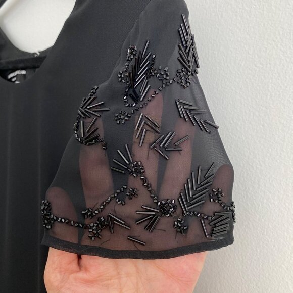 Donna Morgan Womens Formal Short Sleeve Beaded Midi Dress Size 14P Black Shoulde - Picture 2 of 12